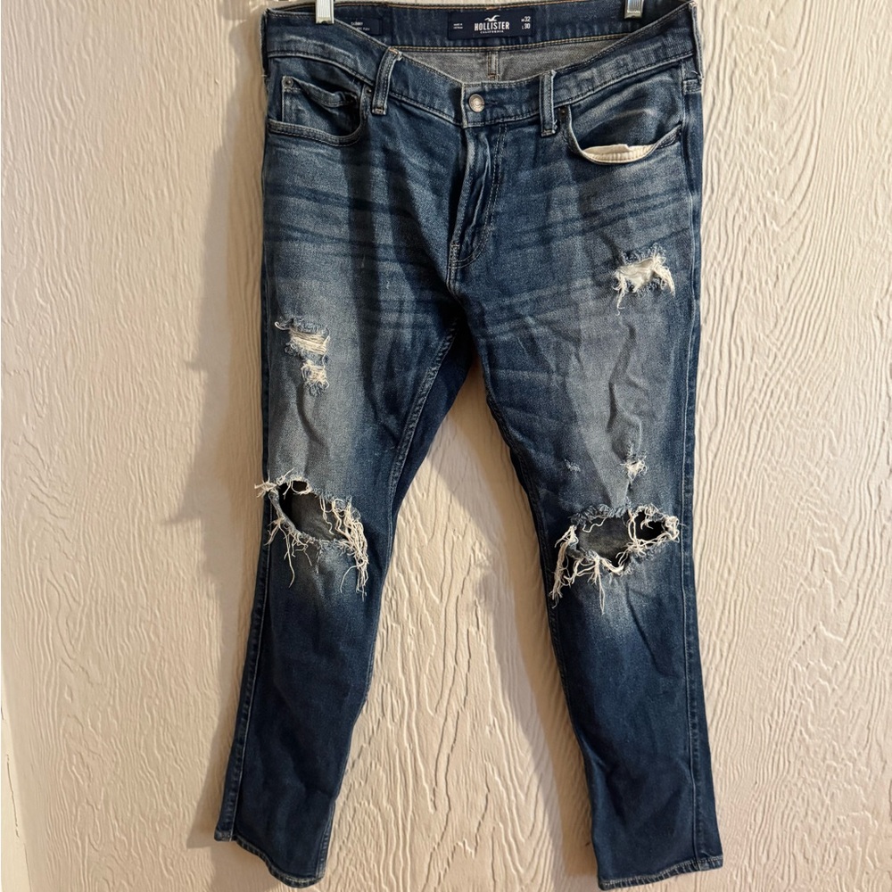 Hollister Men's Ripped Dark Blue Skinny Jeans